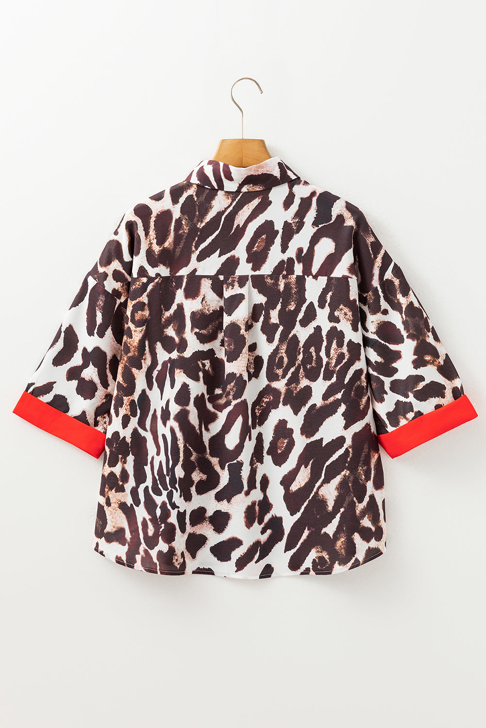 Dark Brown Contrast Trim Patchwork Leopard Print Half Sleeve Shirt eAura