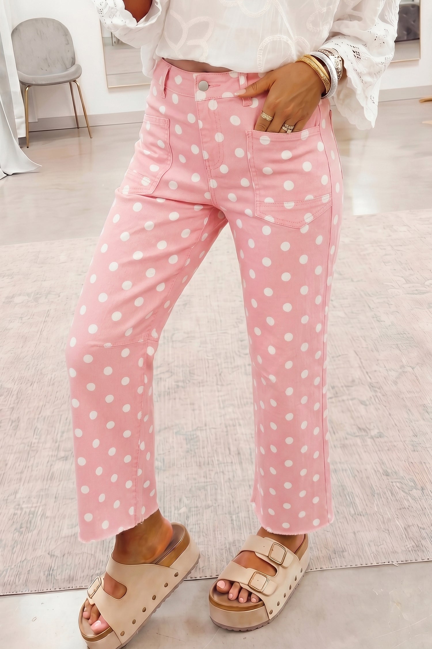 Polka Dot Casual Slim Fit Jeans – Pink