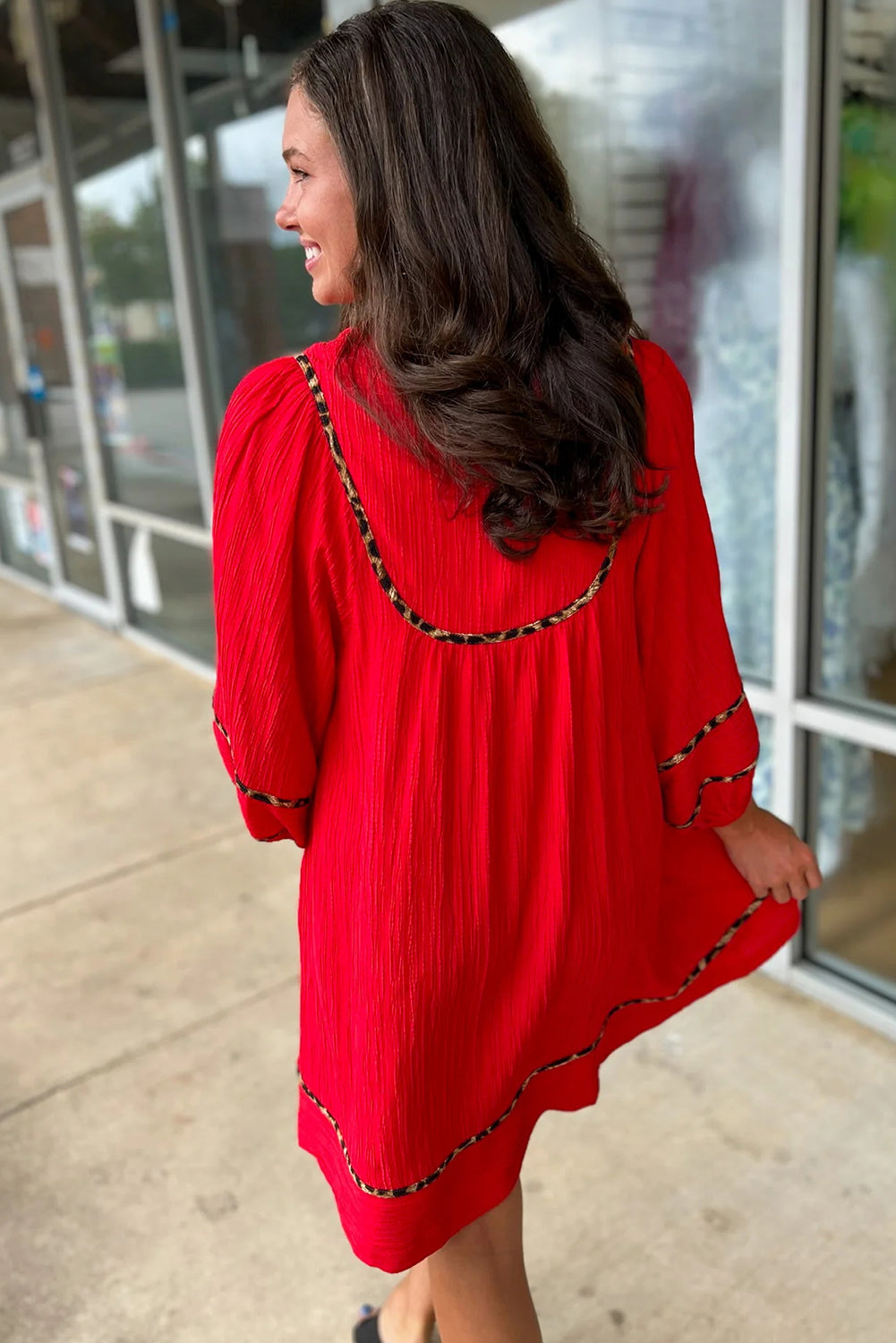 Red Textured V-Neck Leopard Contrasted Trim Long Sleeve Shift Mini Dress