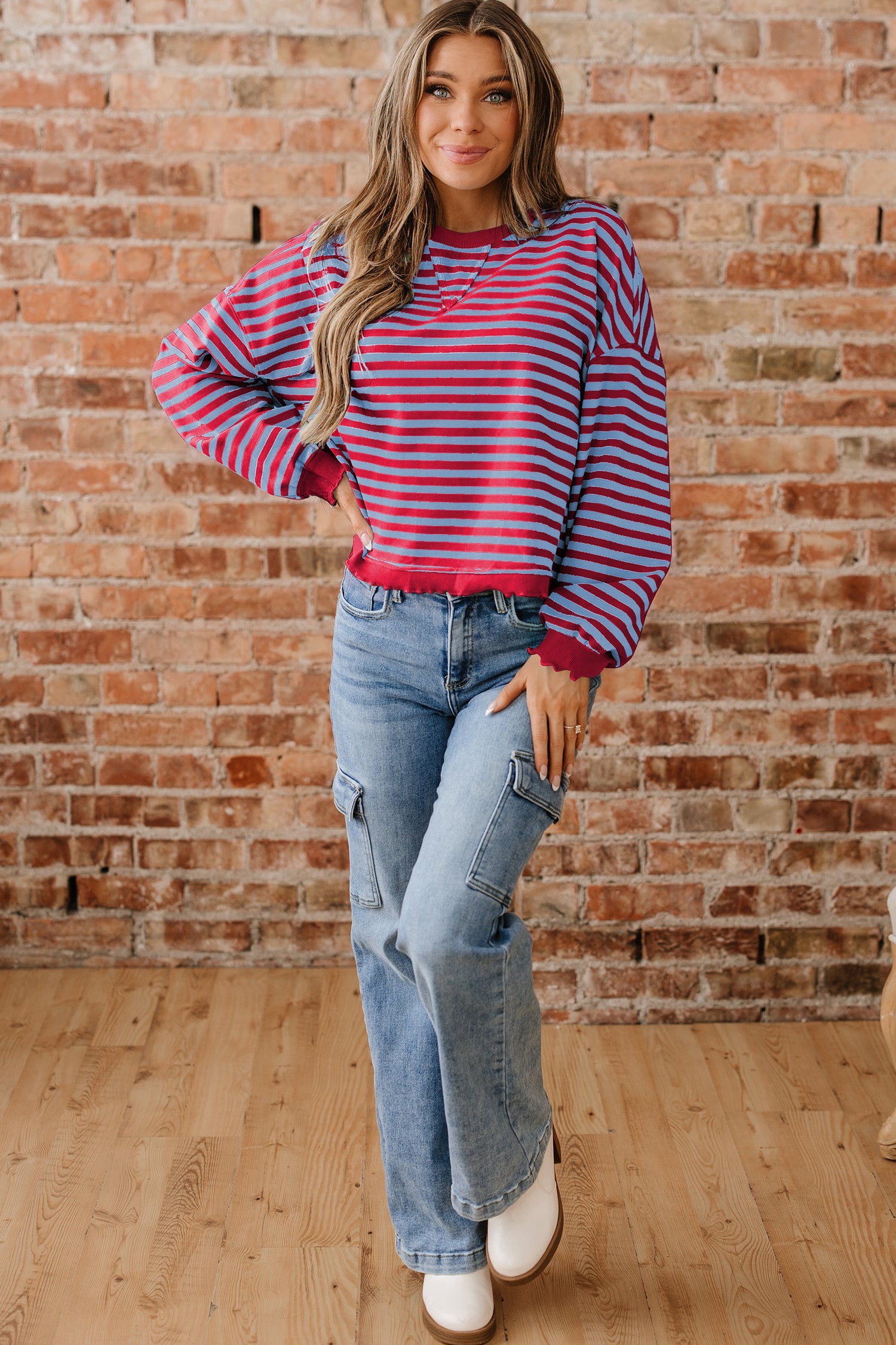 Striped Exposed Seam Contrast Ribbed Trim Boxy Sweatshirt - Tops/Sweatshirts & Hoodies