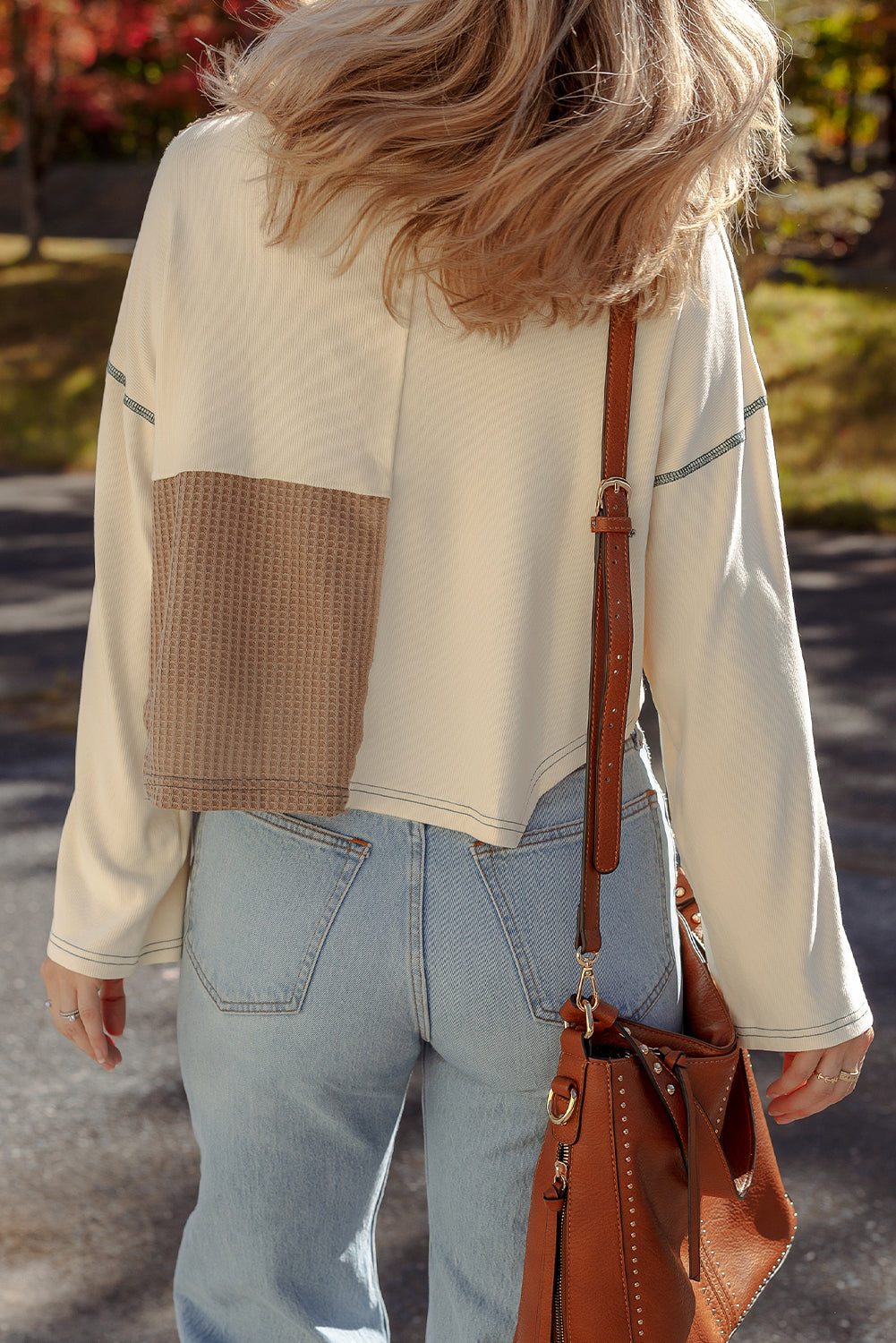Waffle Stitch Detail Long Sleeve Boxy Top - eAura