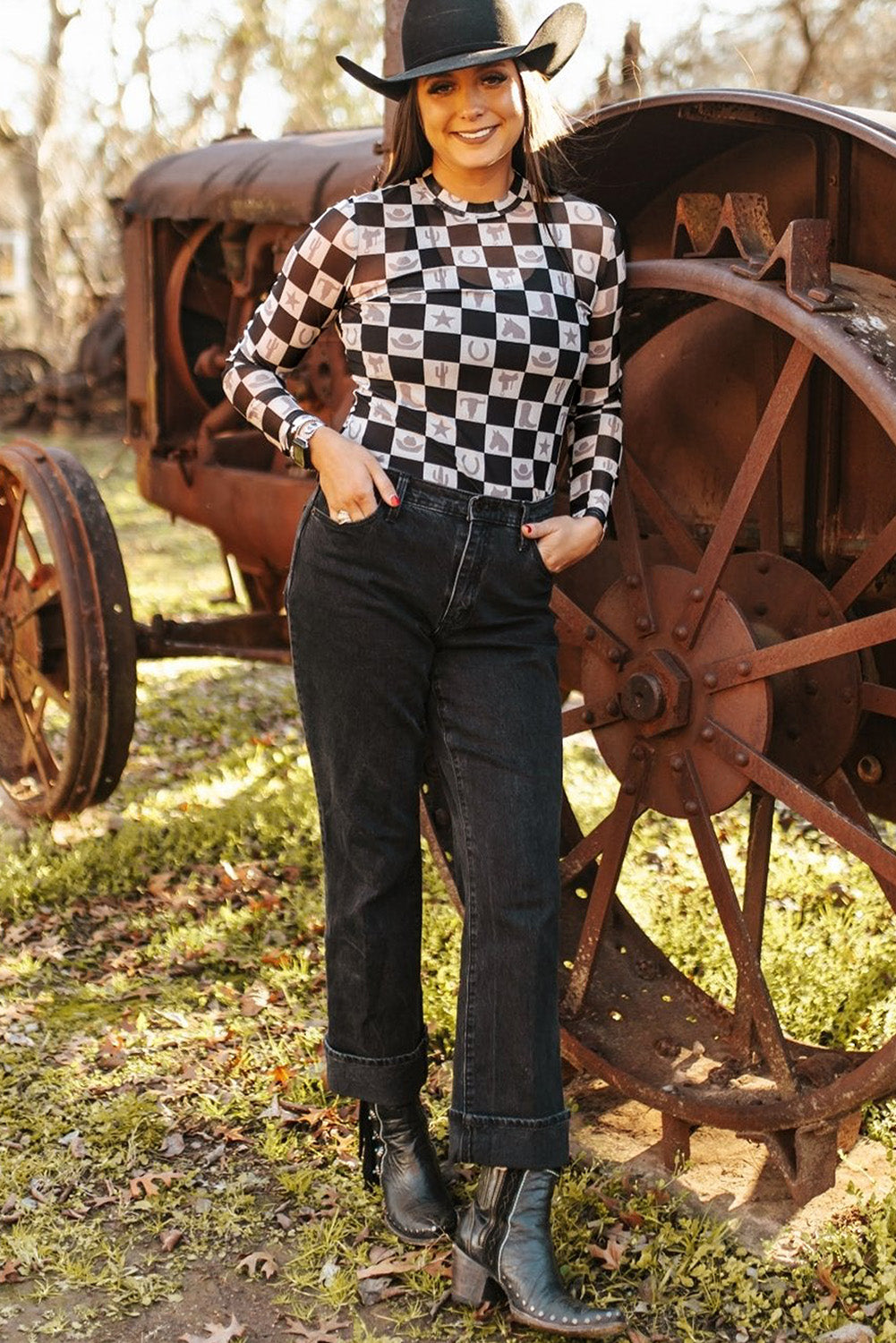 Black Checkerboard Western Elements Printed Mesh Long Sleeve Top eAura