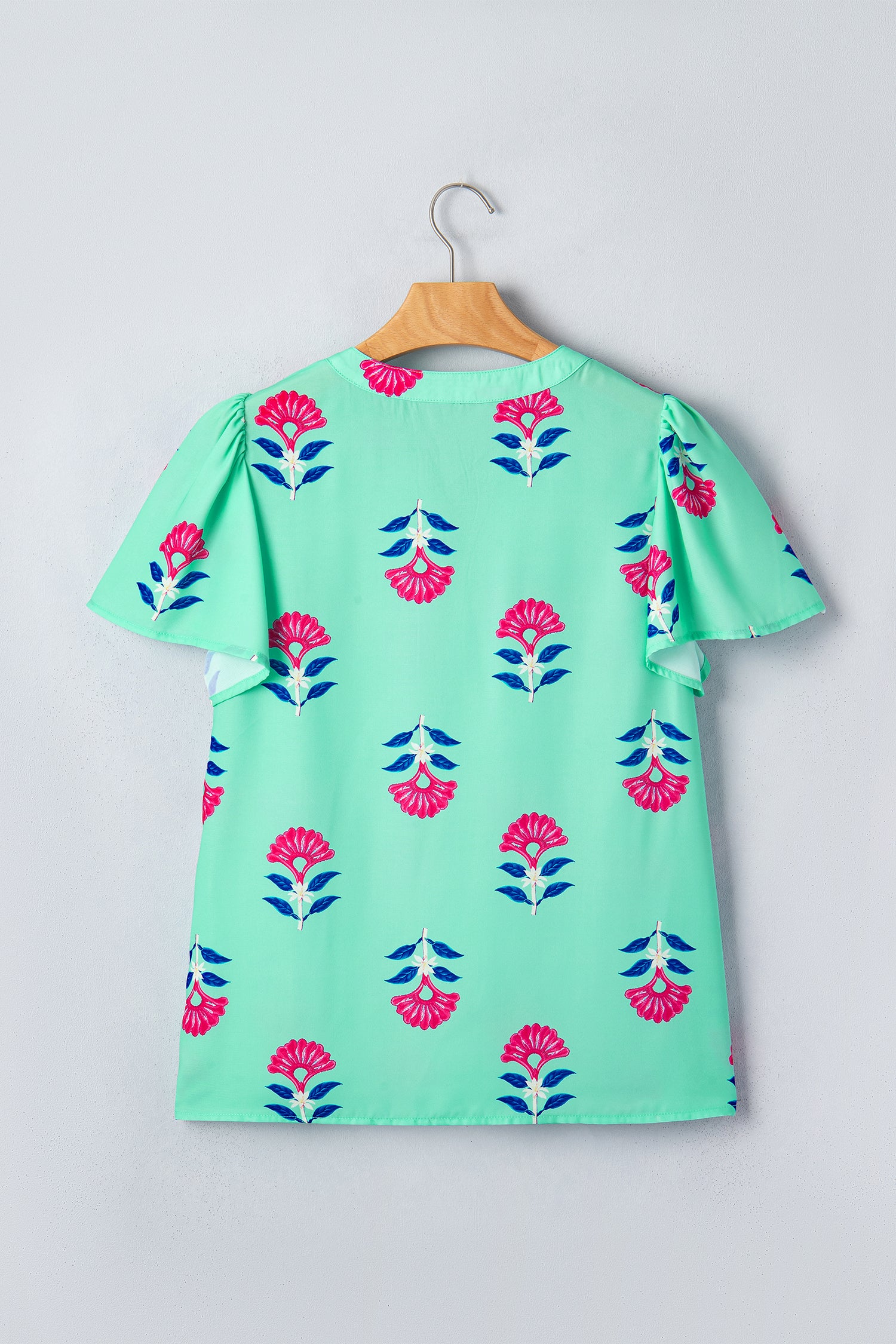 Floral V Neck Flutter Sleeve Blouse – Green