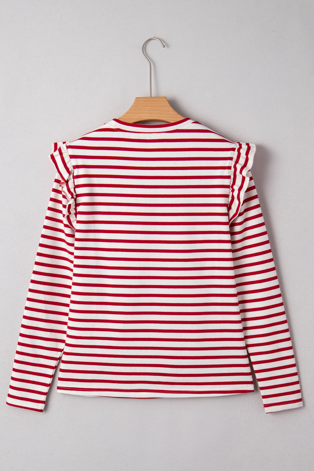 Stripe Round Neck Ruffle Trim Long Sleeve Top - eAura