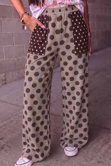Brown Contrast Polka Dot Patch Pocket Elastic Waist Shift Pants