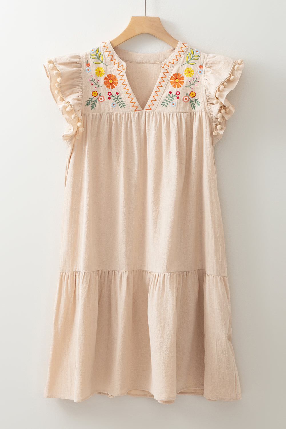 Linen Embroidery Split Neck Pom Ruffle Sleeves Flowy Short Dress - Dresses/Mini Dresses