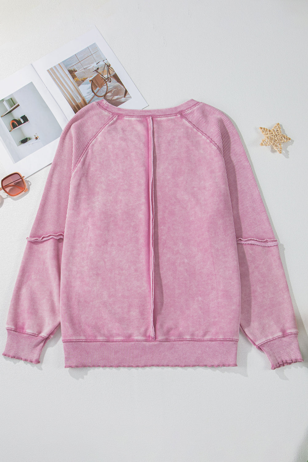 Black Solid Waffle Knit Patchwork Raglan Sleeve Sweatshirt Dear-Lover Dropshipping