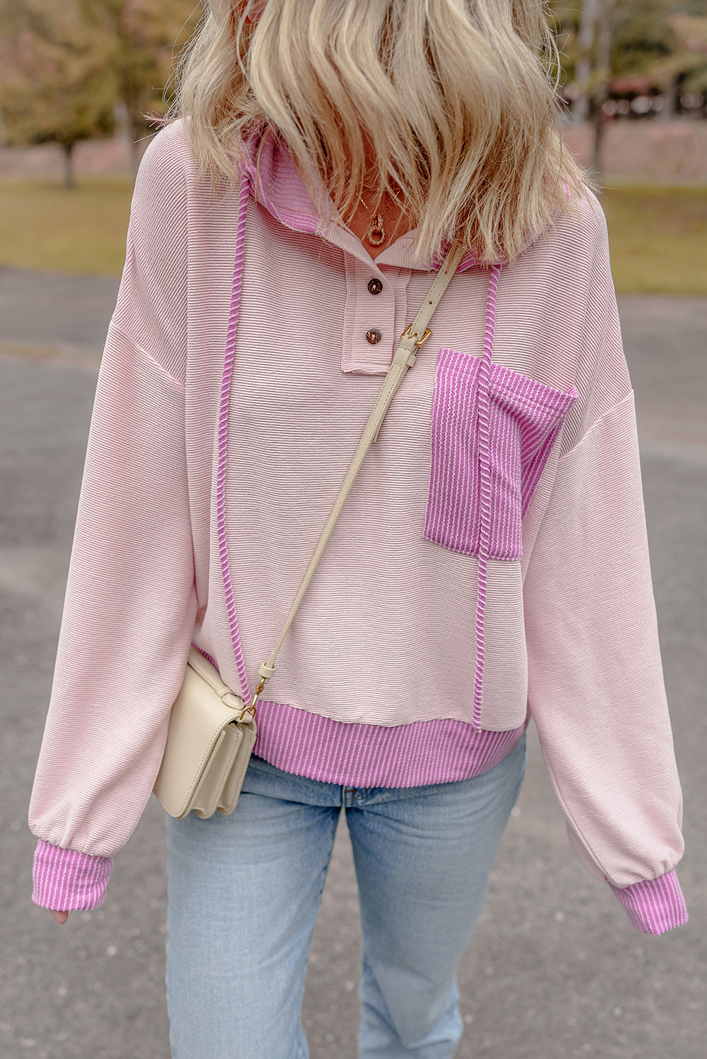Light Pink Ribbed Colourblock Patch Pocket Drawstring Hooded Top eAura