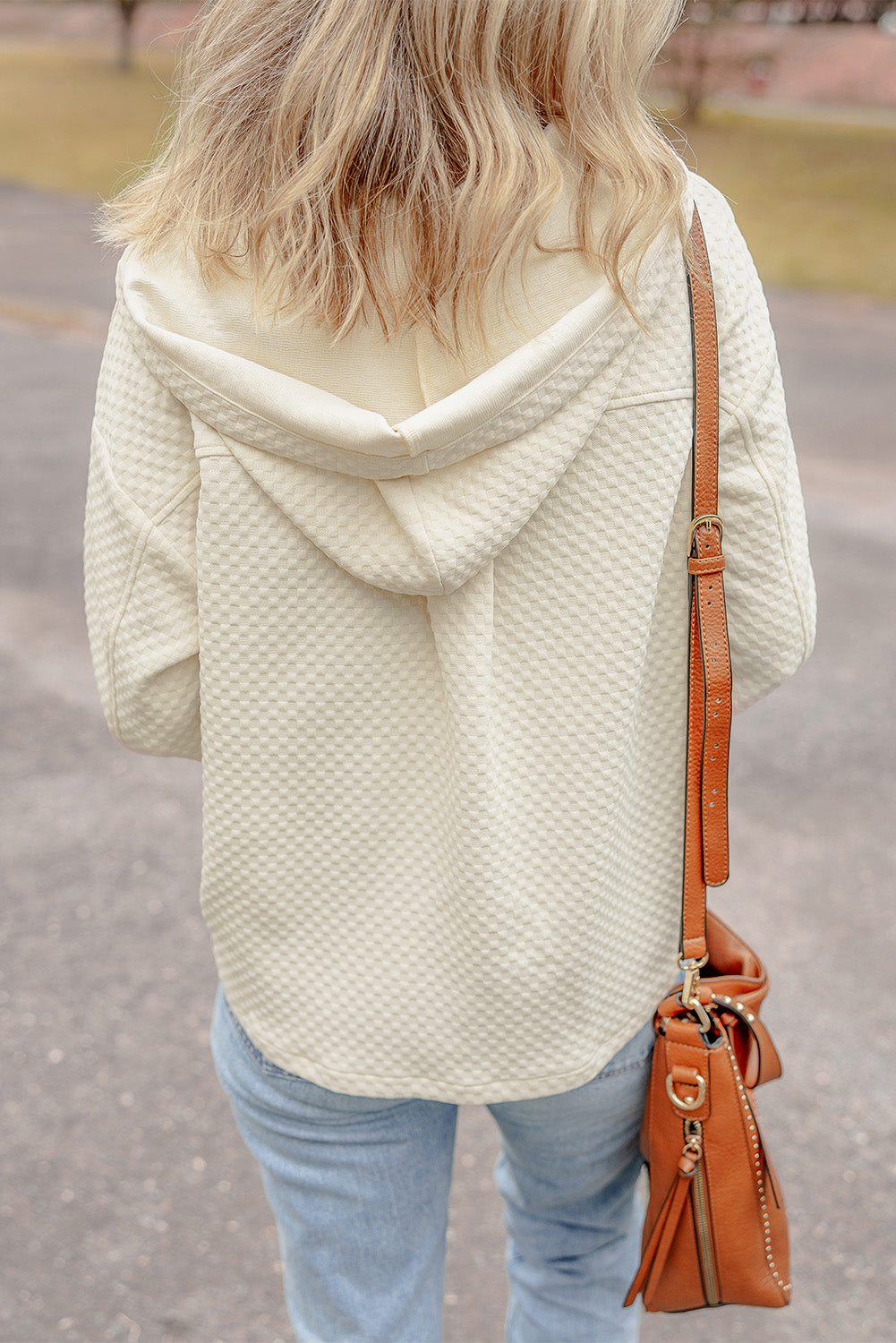 Apricot Textured Buttoned Neckline Side Pockets Hoodie eAura