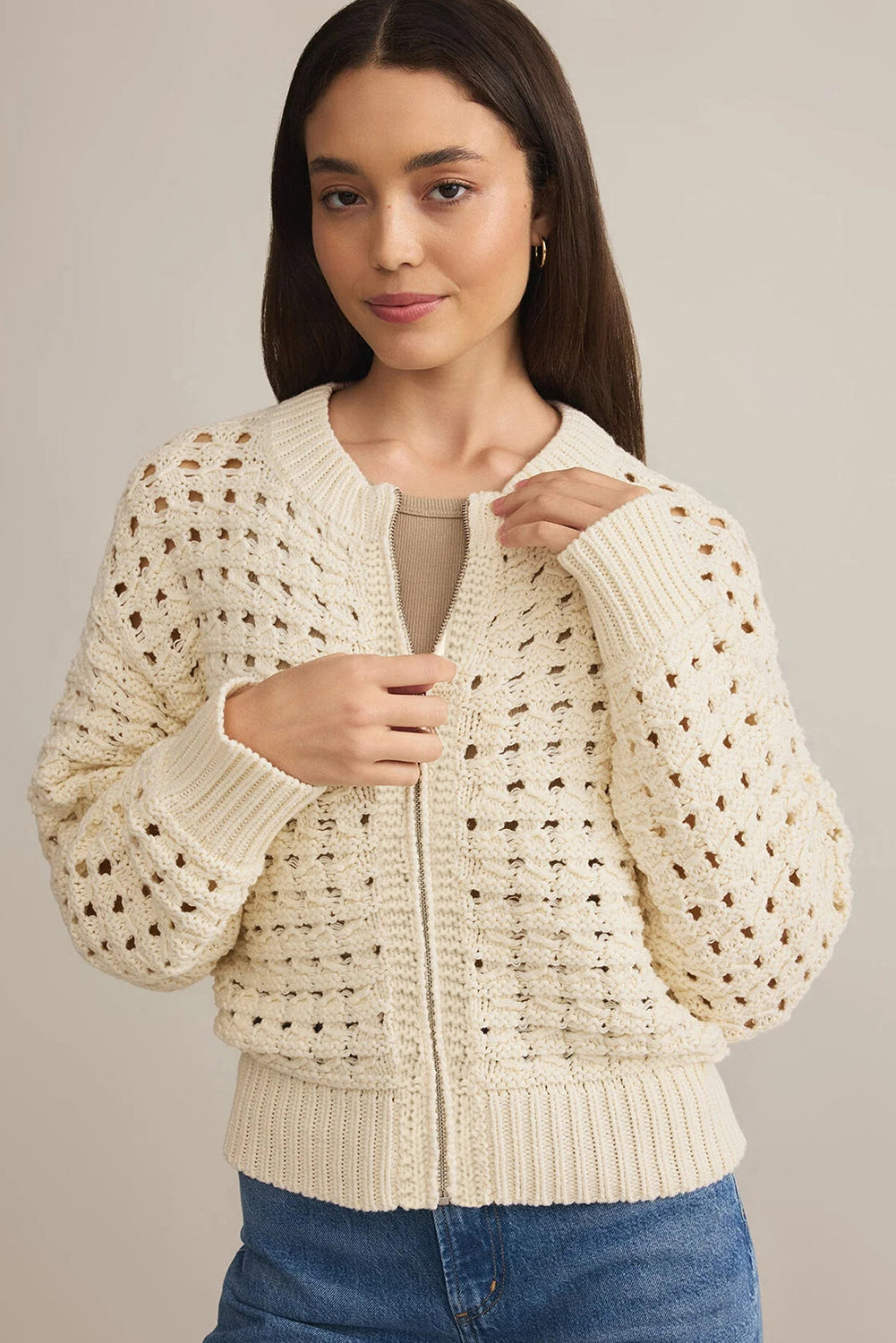 Beige Hollowed Knit Zip-Up Drop Shoulder Cardigan - eAura