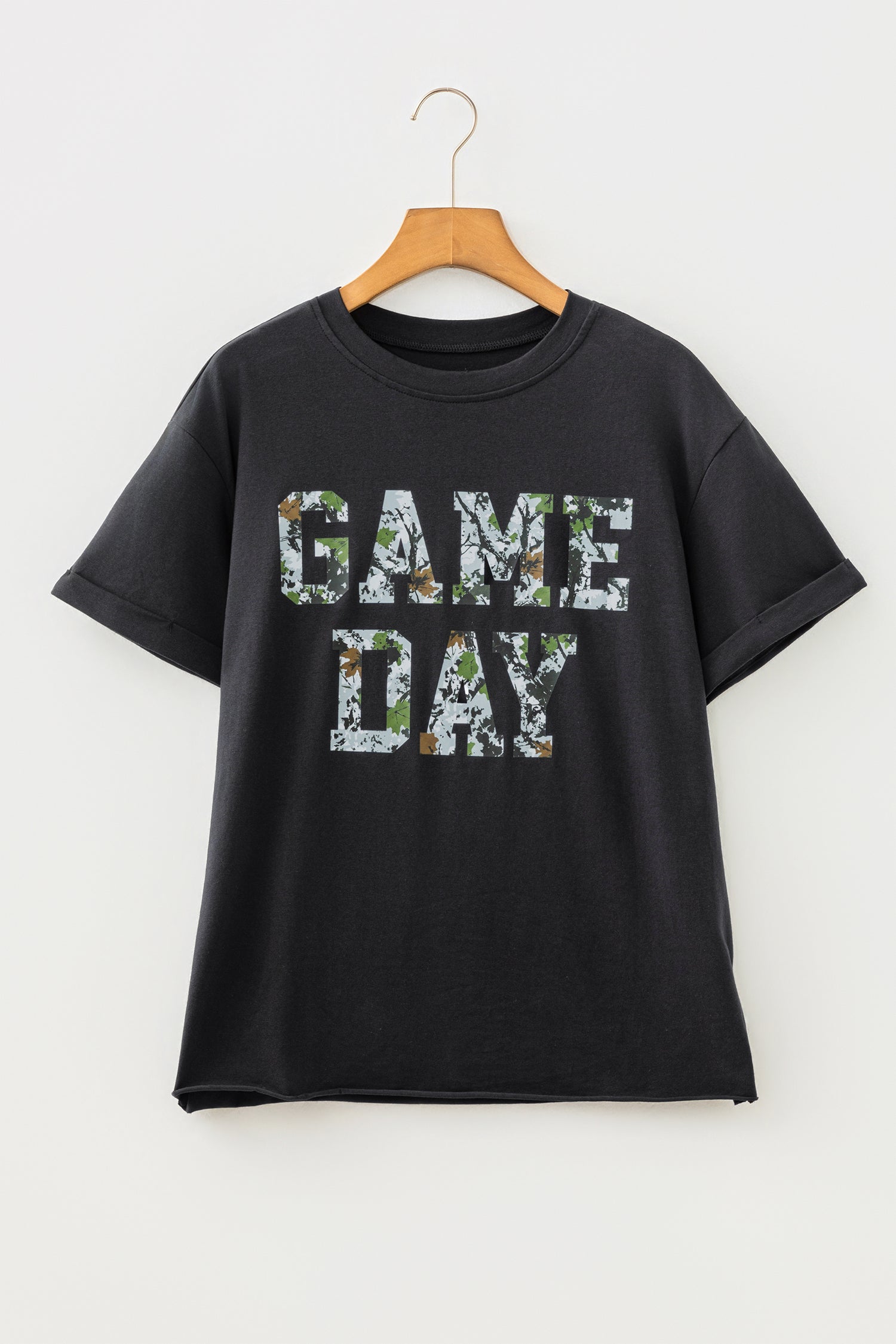 Game Day Camo Letter Print Round Neck Casual T Shirt – Black