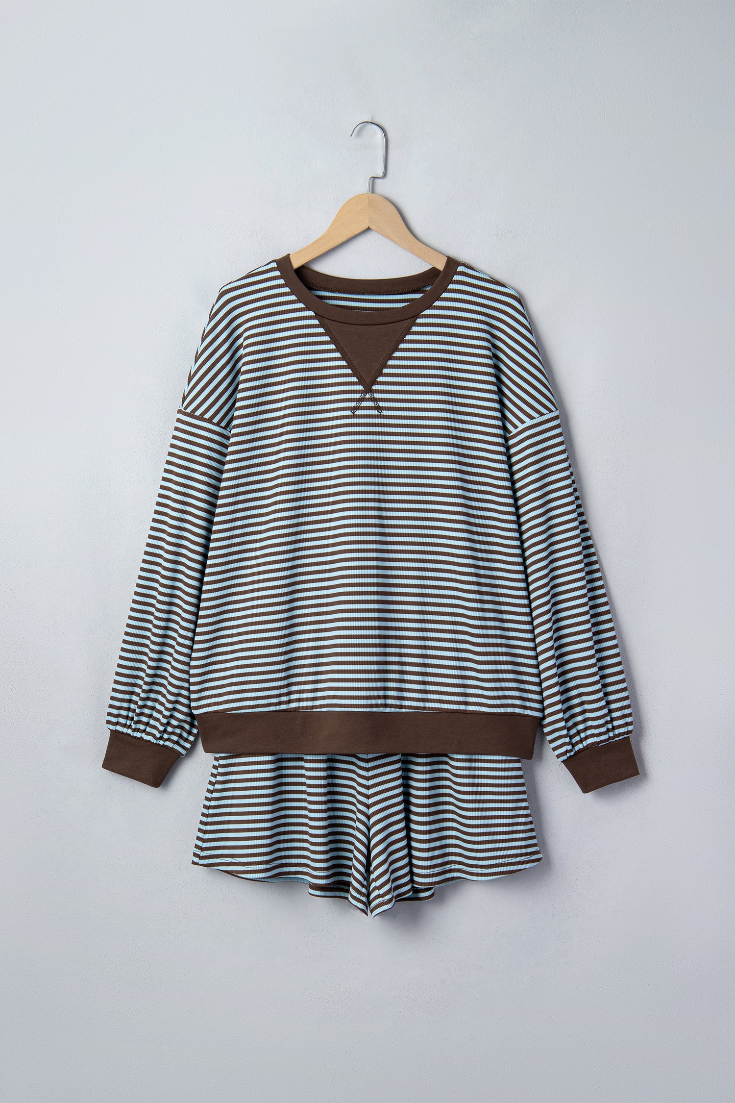 Oversized Long Sleeve Top Drawstring Loose Shorts 2pcs Set – Brown Stripe