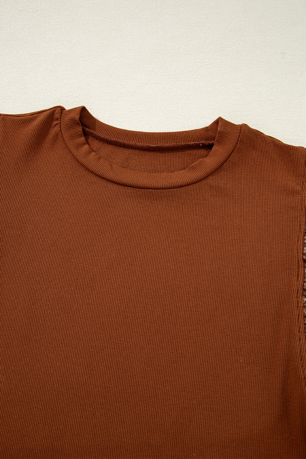 Cinnamon Leather Ruffle Sleeve Patchwork Round Neck Blouse eAura