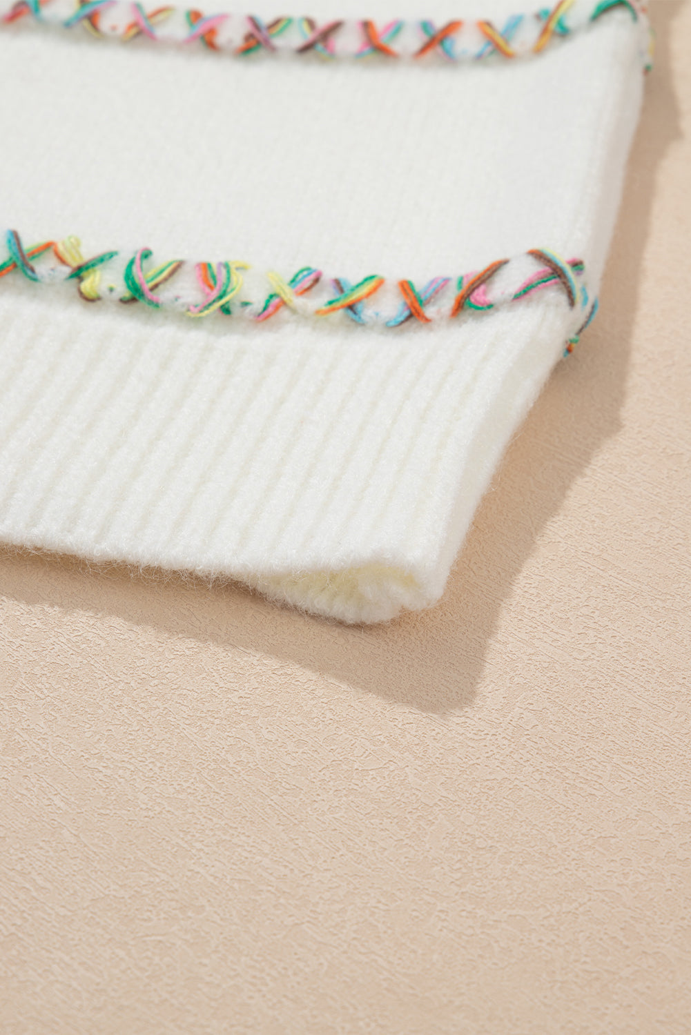 White Colourful Crossed Stitch Drop Shoulder Sweater eAura
