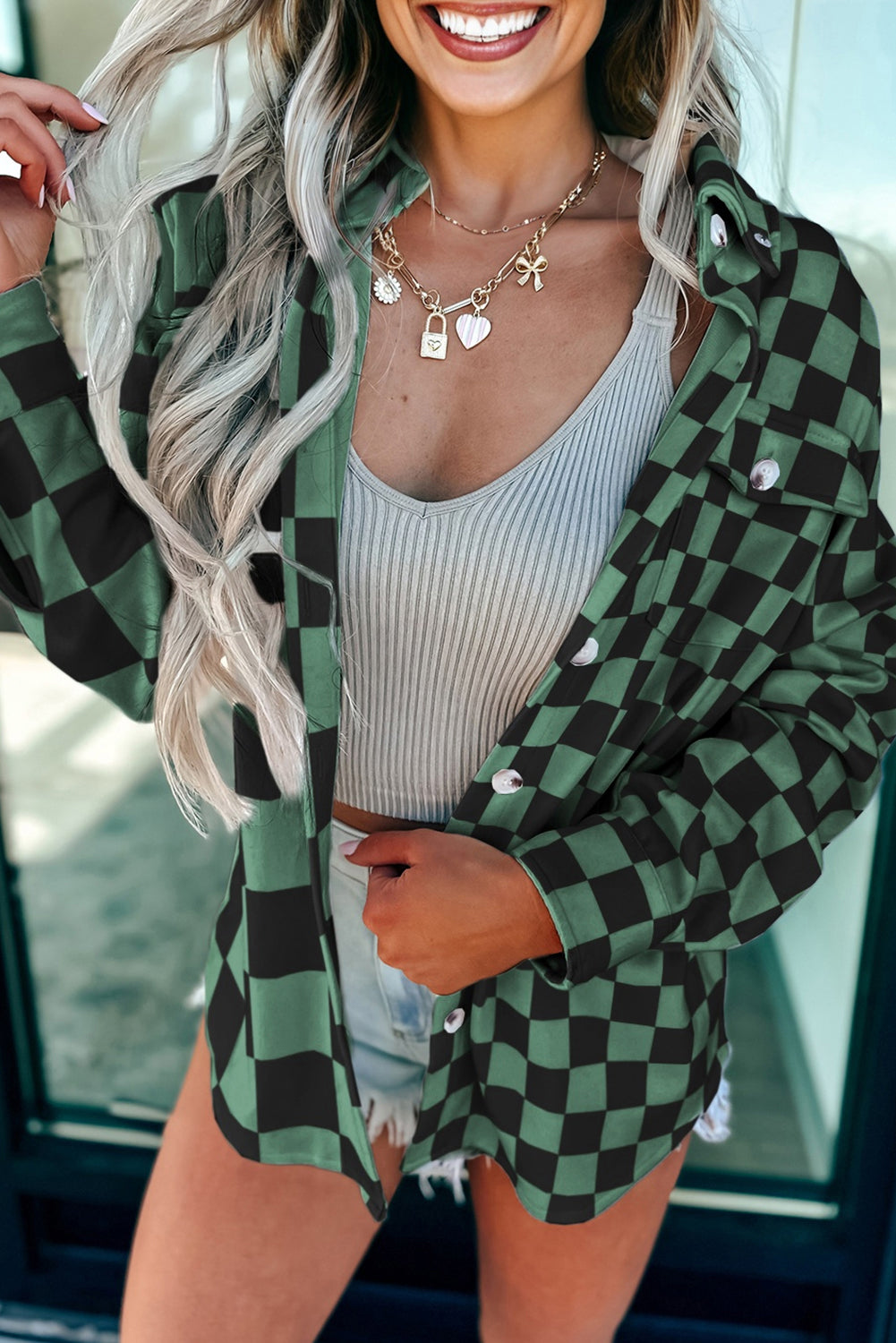 Checkerboard Flap Pocket Button Front Shacket eAura