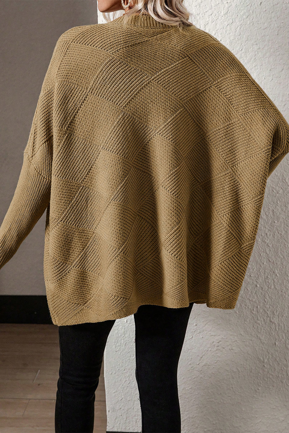 Camel Checkered Textured Batwing Sleeve Sweater eAura