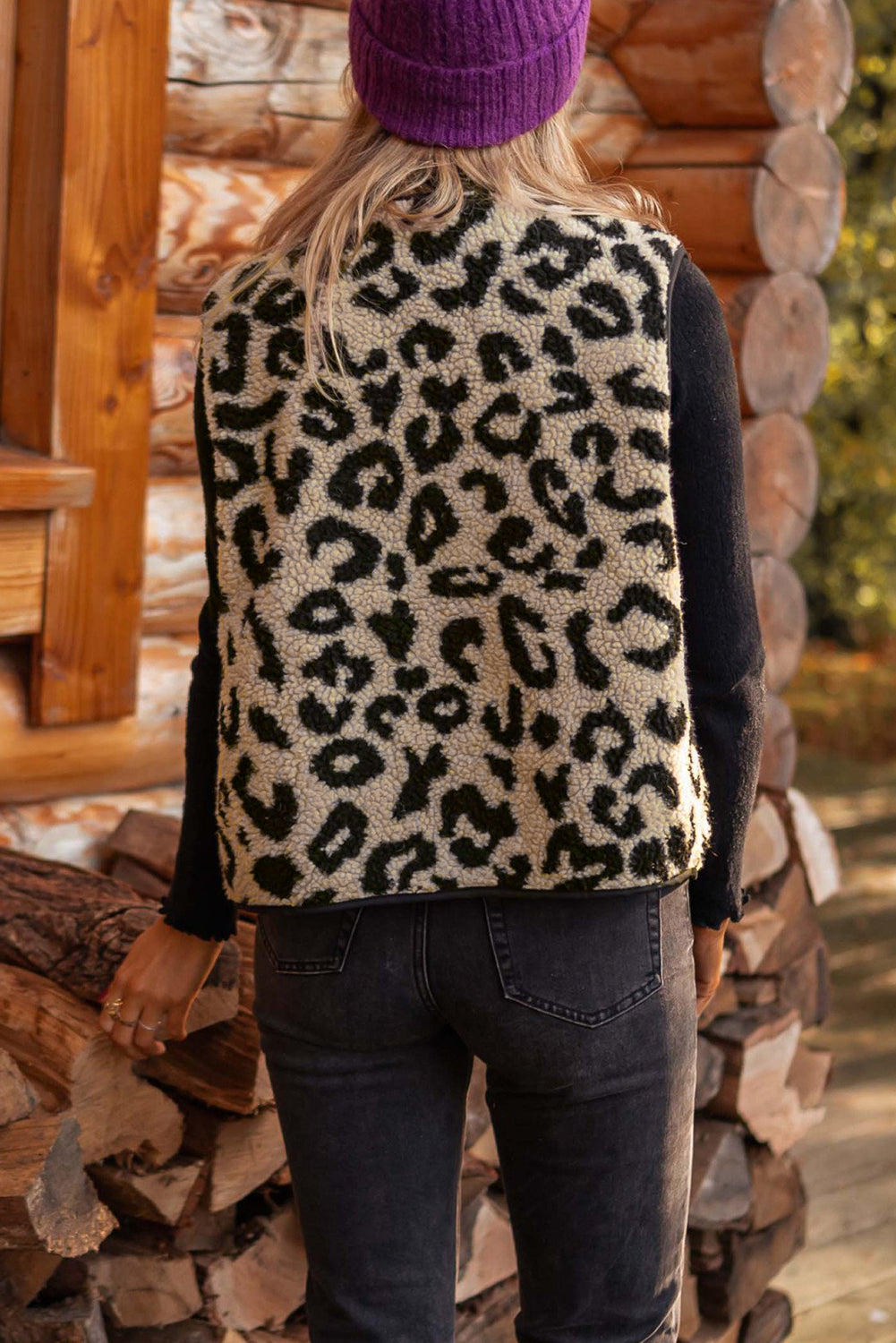 Leopard Print Sherpa Vest Coat – Black