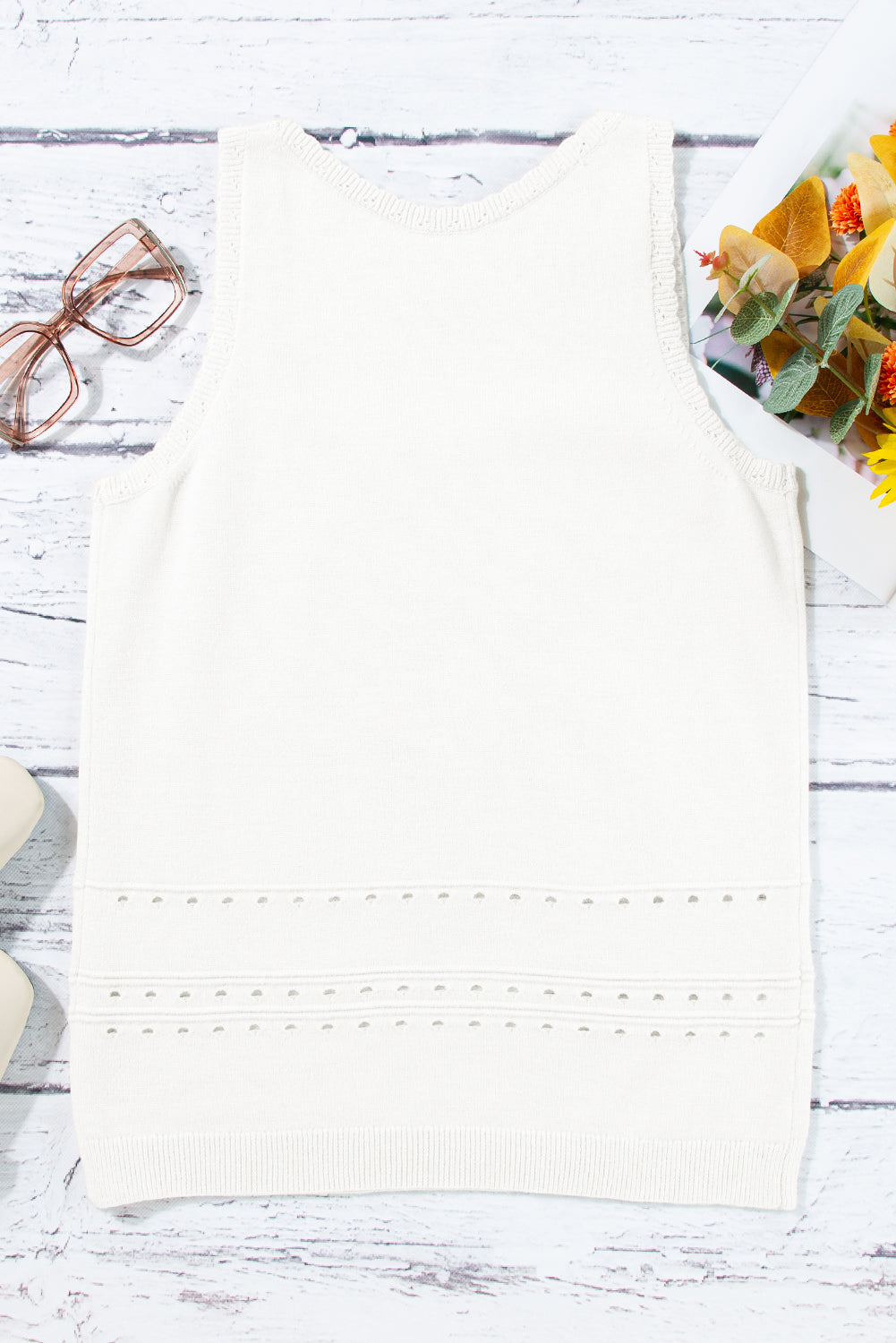 White U Neck Eyelet Accent Sweater Vest BB Fashion Outlet