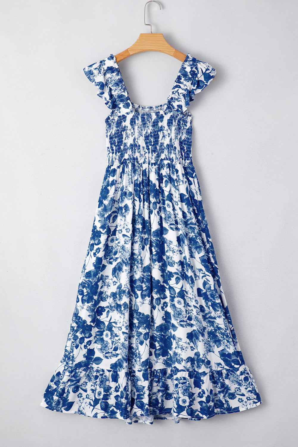 Blue Floral Ruffle Strap Square Neck Smocked Bodice Midi Dress eAura