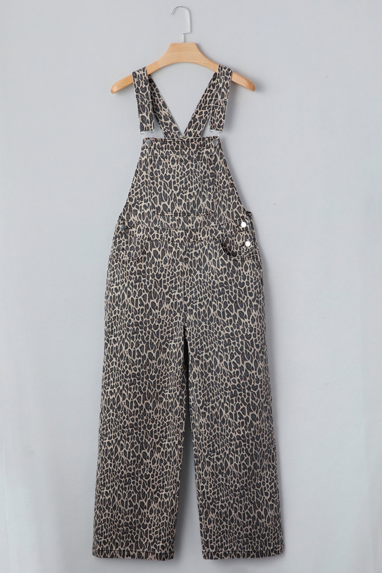 Leopard Print Straight Leg Loose Denim Jumpsuit Dungarees - eAura