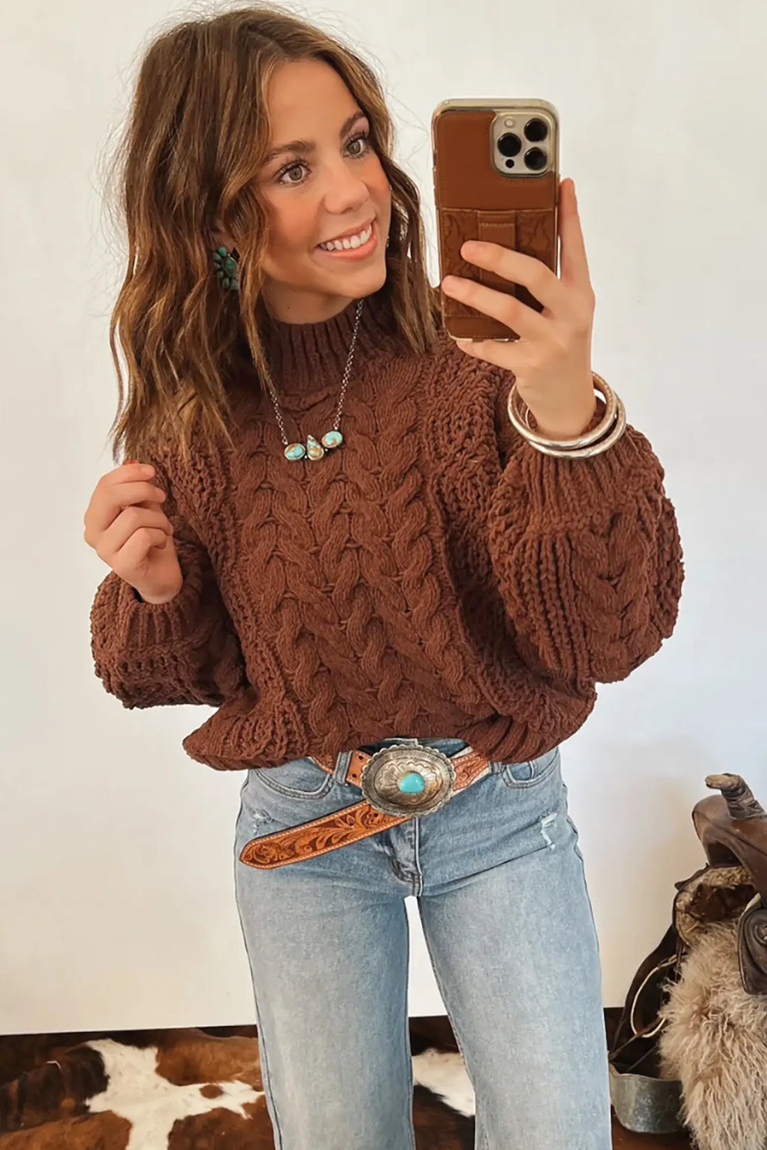 Coffee Solid Colour Cable Knit High Neck Loose Pullover Sweater