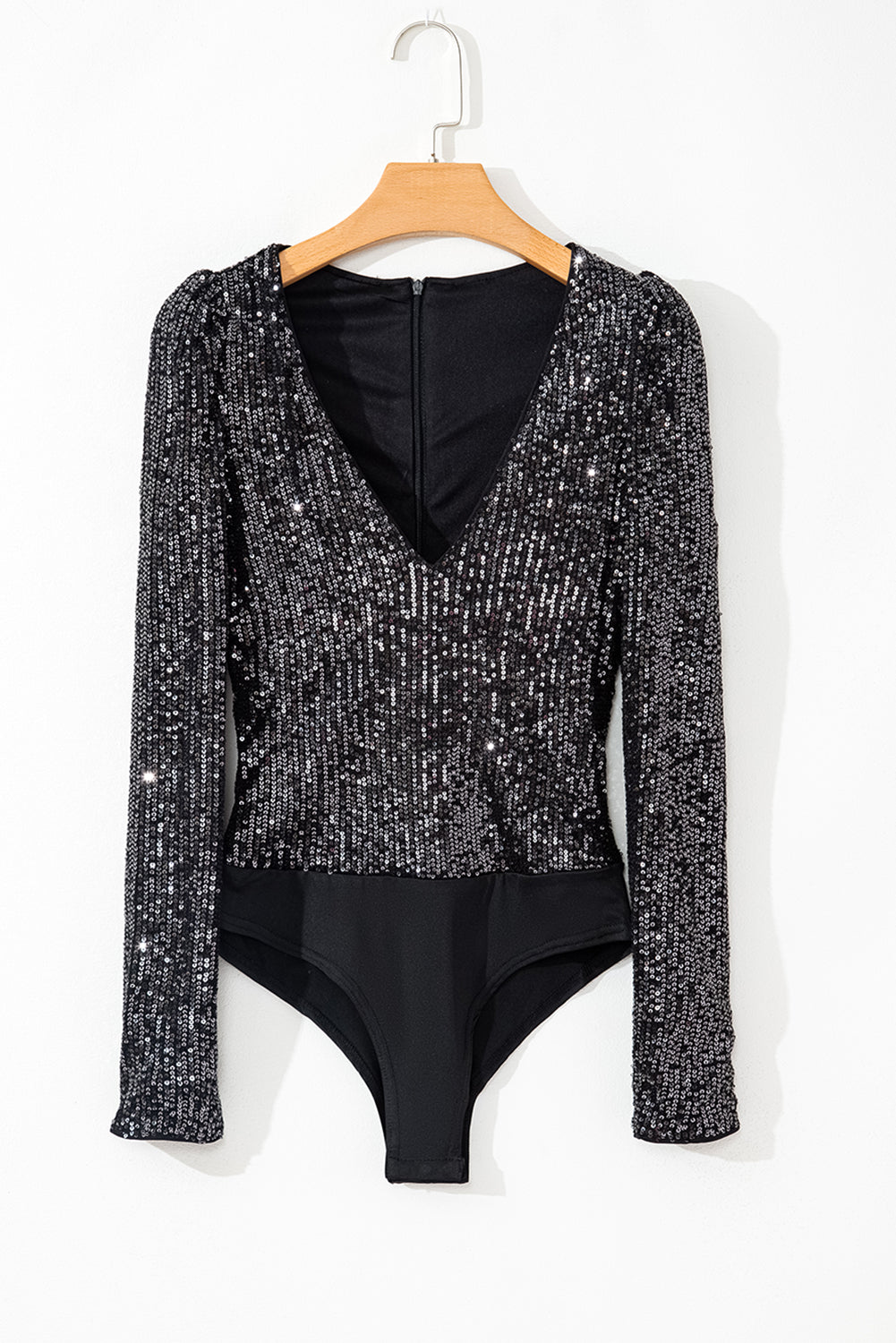 Black Sequin V Neck Zipped Long Sleeve Bodysuit eAura