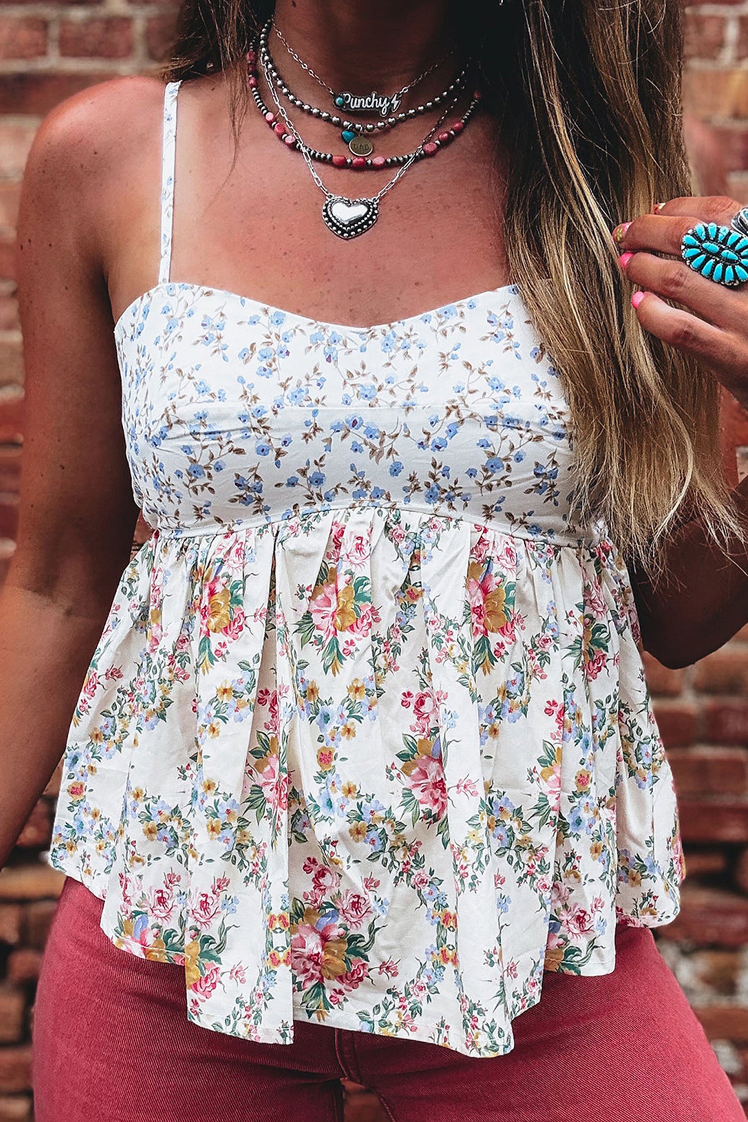 Contrast Floral Printed Patchwork Spaghetti Straps Babydoll Top – White
