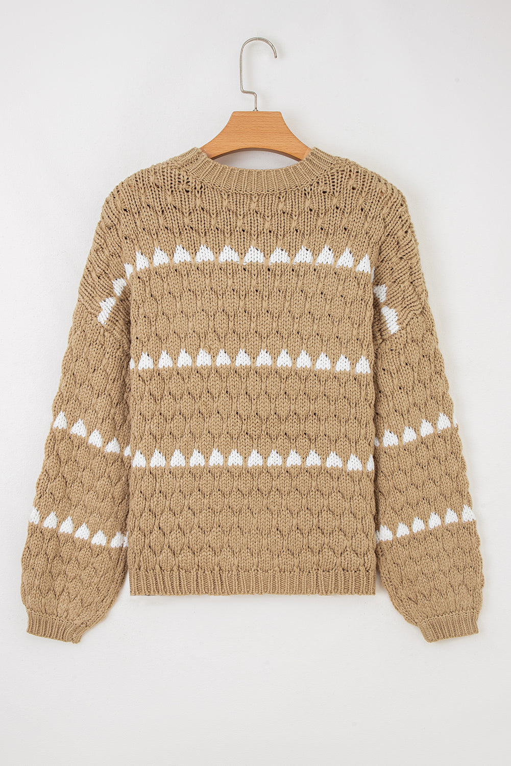 Contrast Detail Textured Knit Puff Sleeve Baggy Sweater - eAura