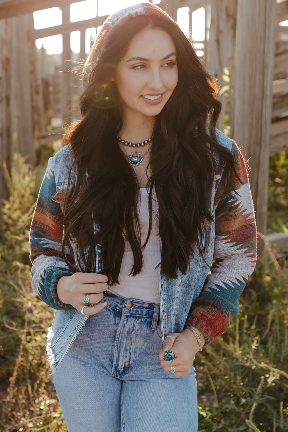 Multicolour Aztec Print Frayed Hem Denim Jacket eAura