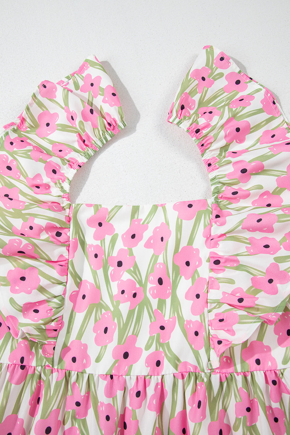 Pink Floral Print Square Neck Ruffled Strap Maxi Dress eAura