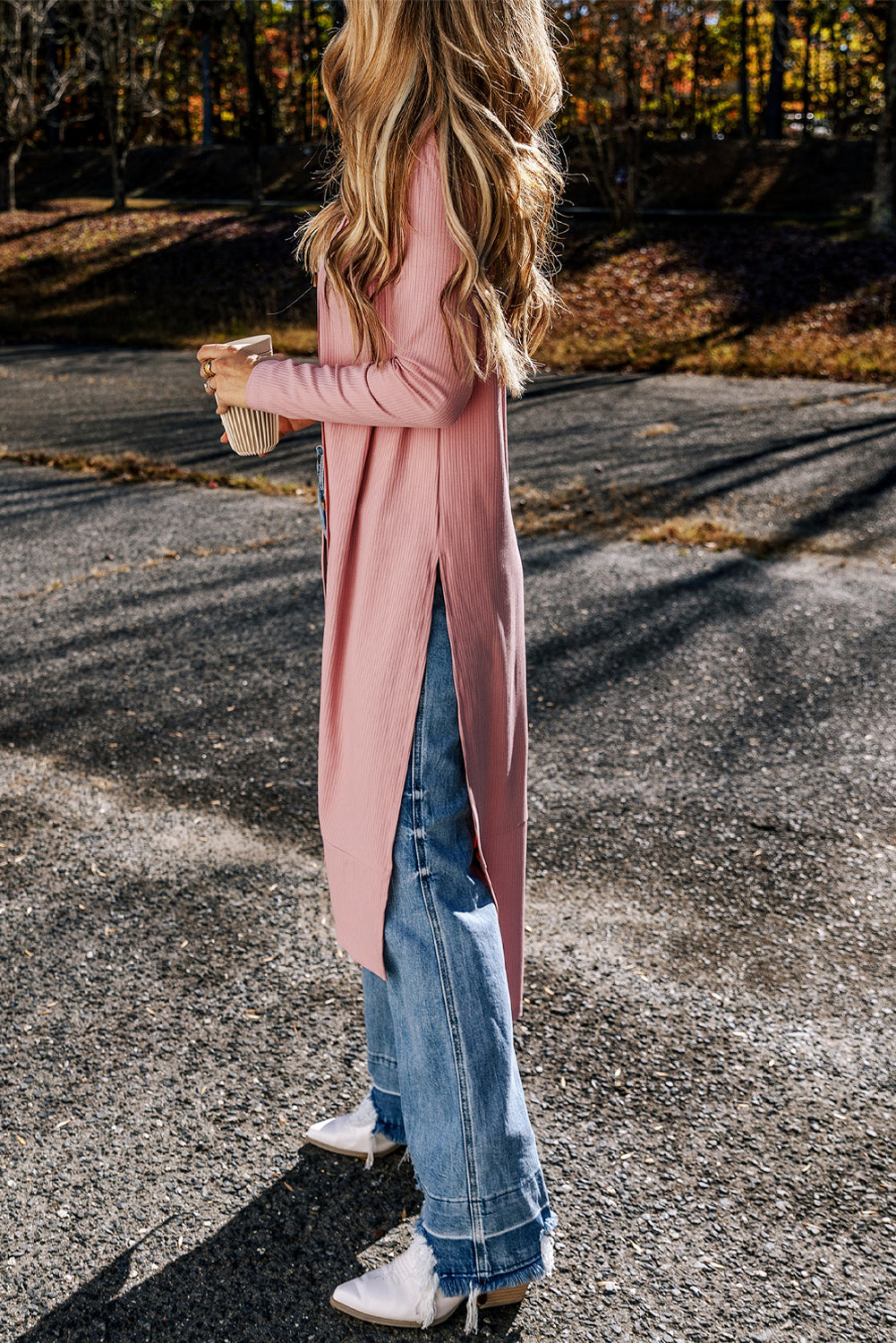 Light French Beige Ribbed Button-Up Split Duster Cardigan eAura
