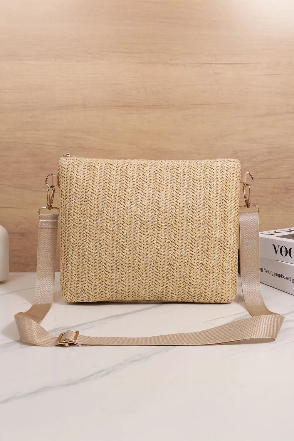 Thai Curry Leather Pocket Patchwork Straw Woven Shoulder Bag