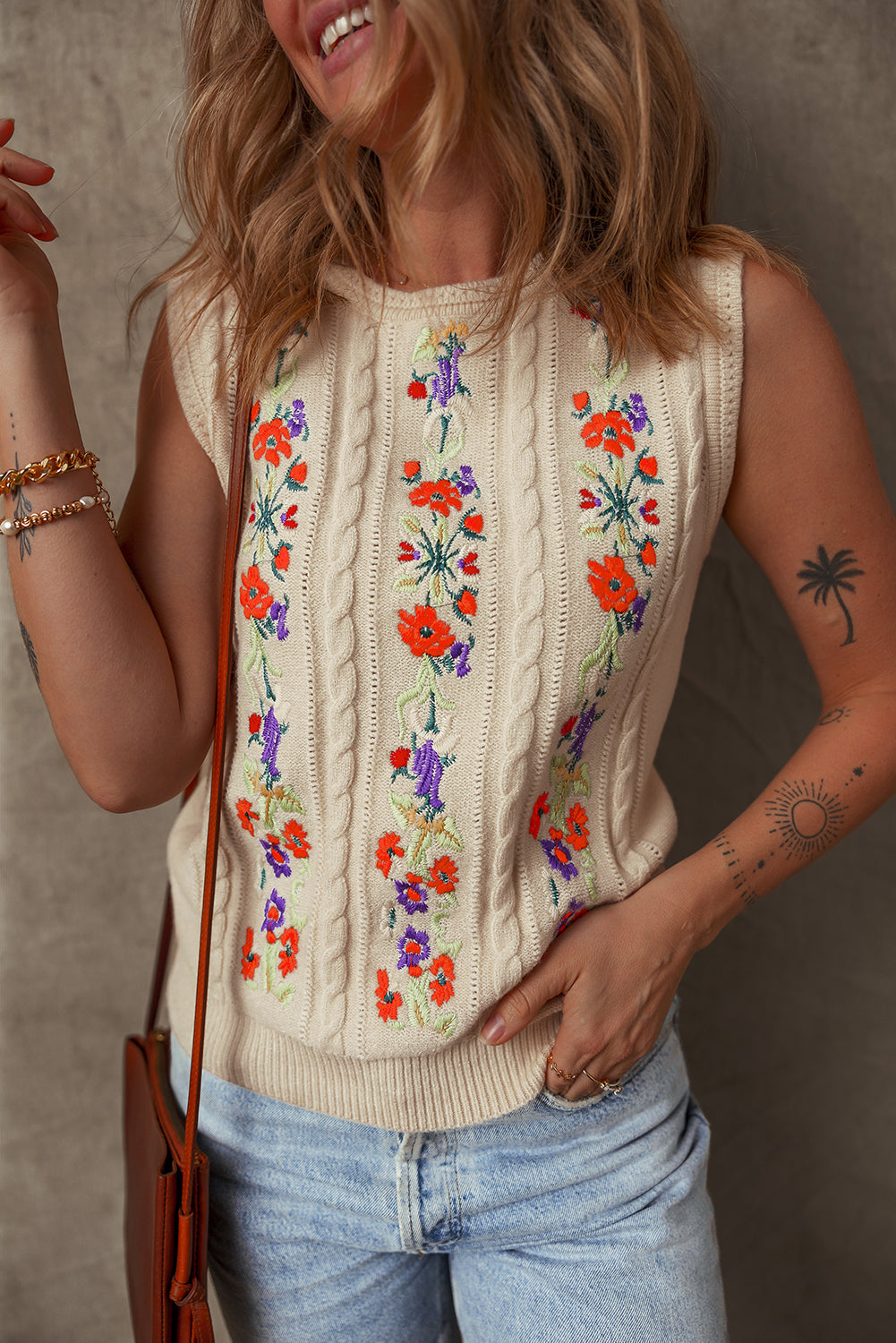 Jet Stream Embroidered Floral Cable Knit Sweater Vest eAura