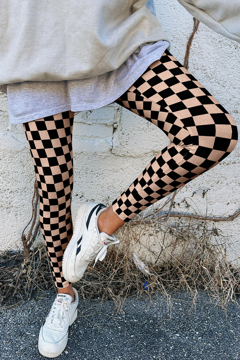 Khaki Checkered Pattern High Waist Skinny Leggings eAura