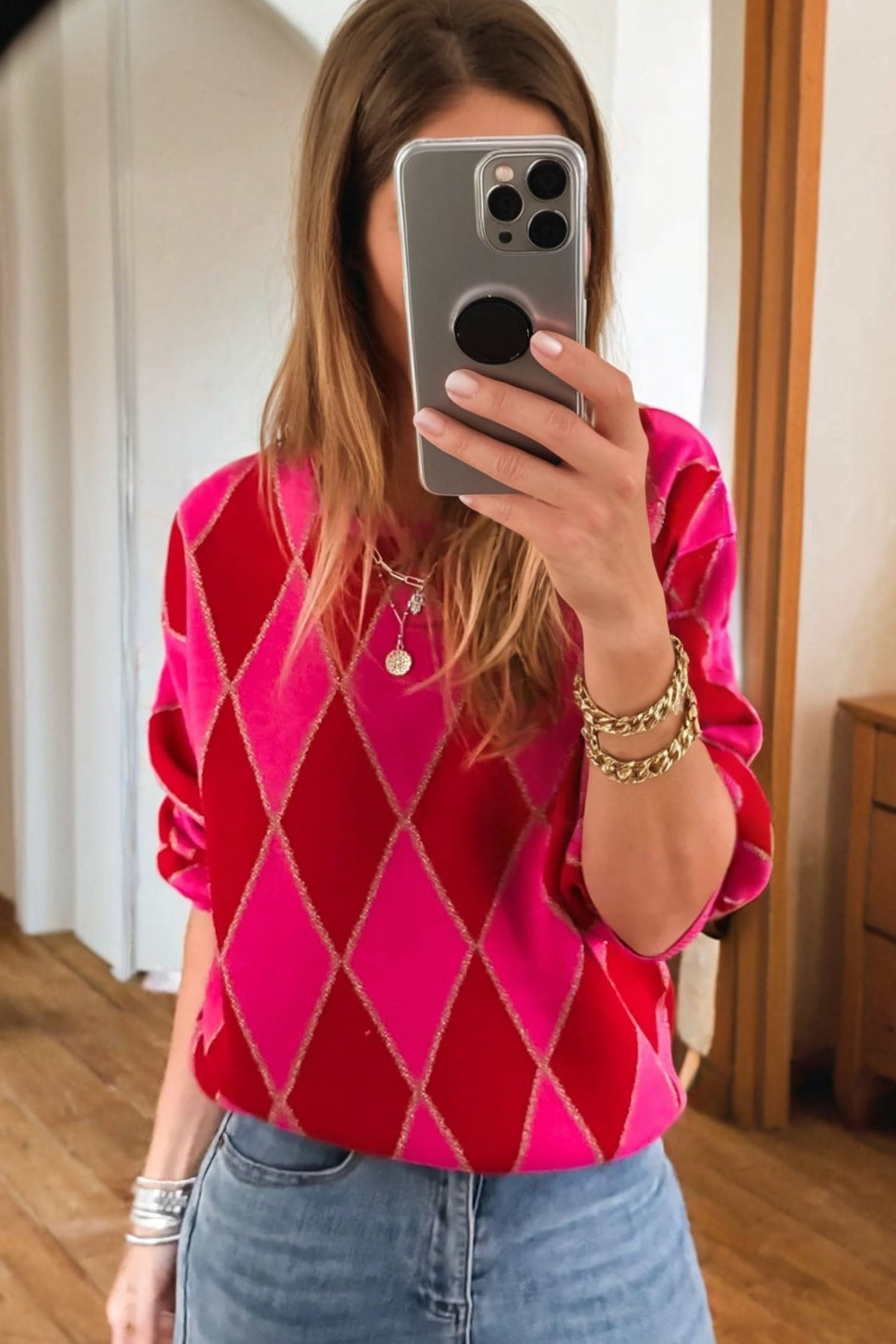 Glitter Rhombus Pattern Knit Casual Sweater - eAura