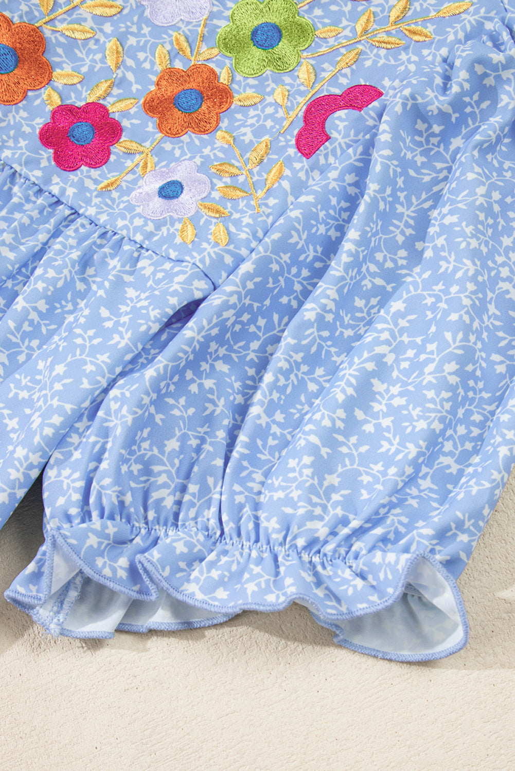 Sky Blue Floral Embroidered Puff Sleeve Notched V Neck Blouse eAura