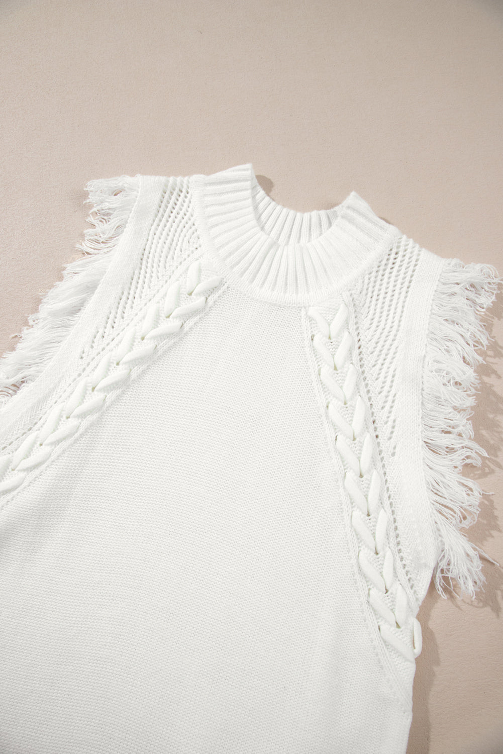 White Woven Tasseled Sleeveless Mock Neck Sweater Vest eAura