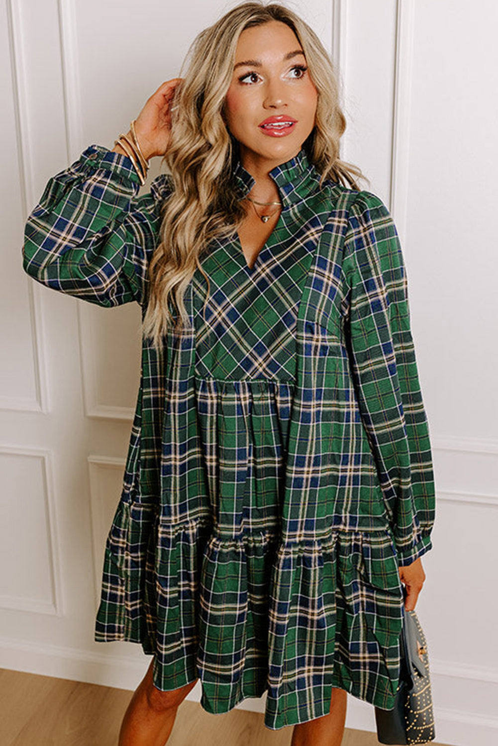 Green Plaid Print Frilly Collar Long Sleeve Shift Mini Dress eAura