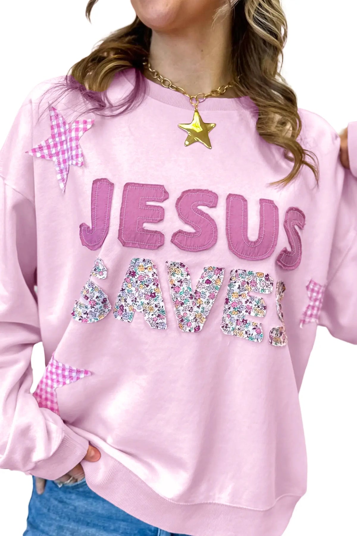 Plus Size Sweatshirt — JESUS SAVES Gingham Star Patchwork Detail