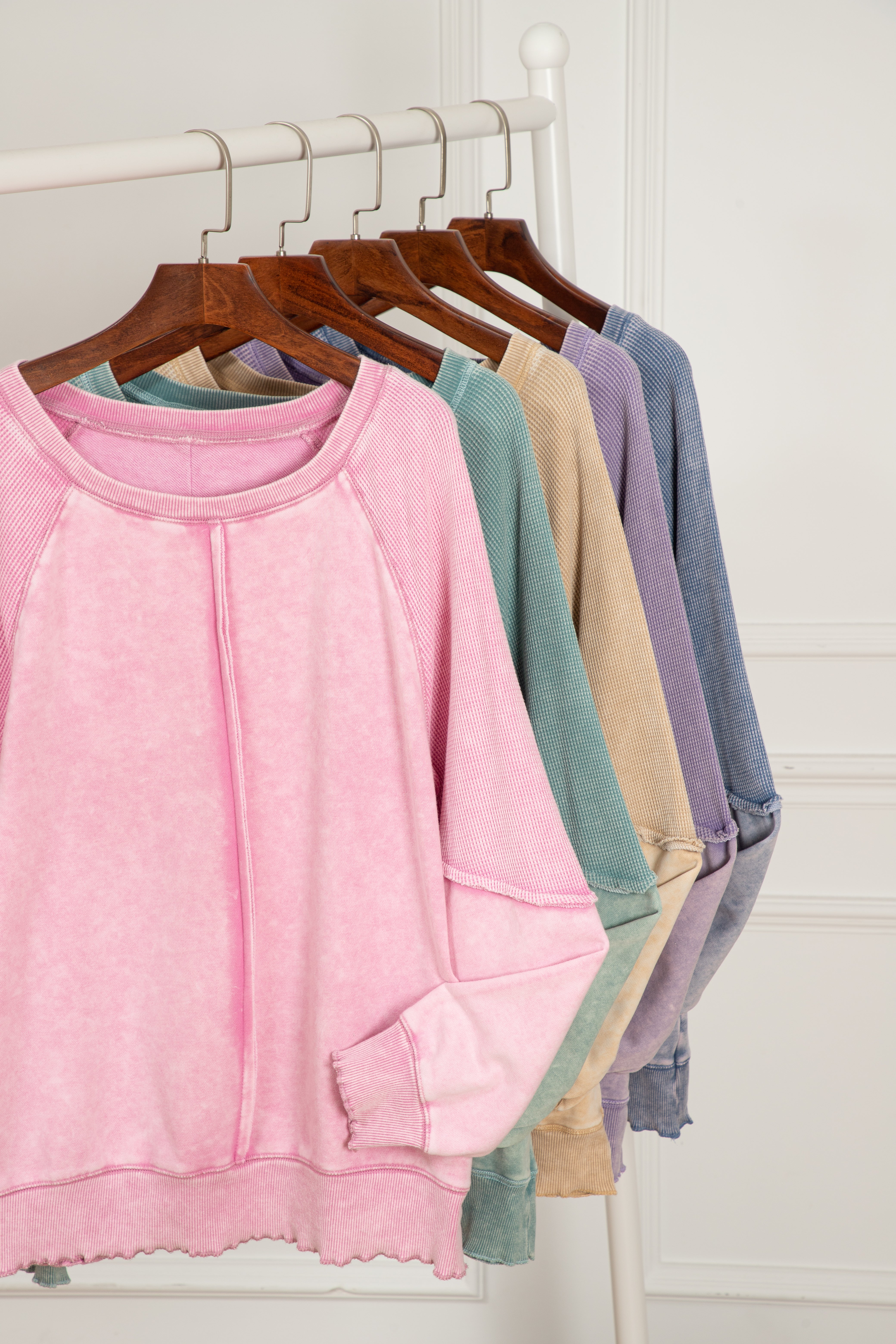 Black Solid Waffle Knit Patchwork Raglan Sleeve Sweatshirt Dear-Lover Dropshipping