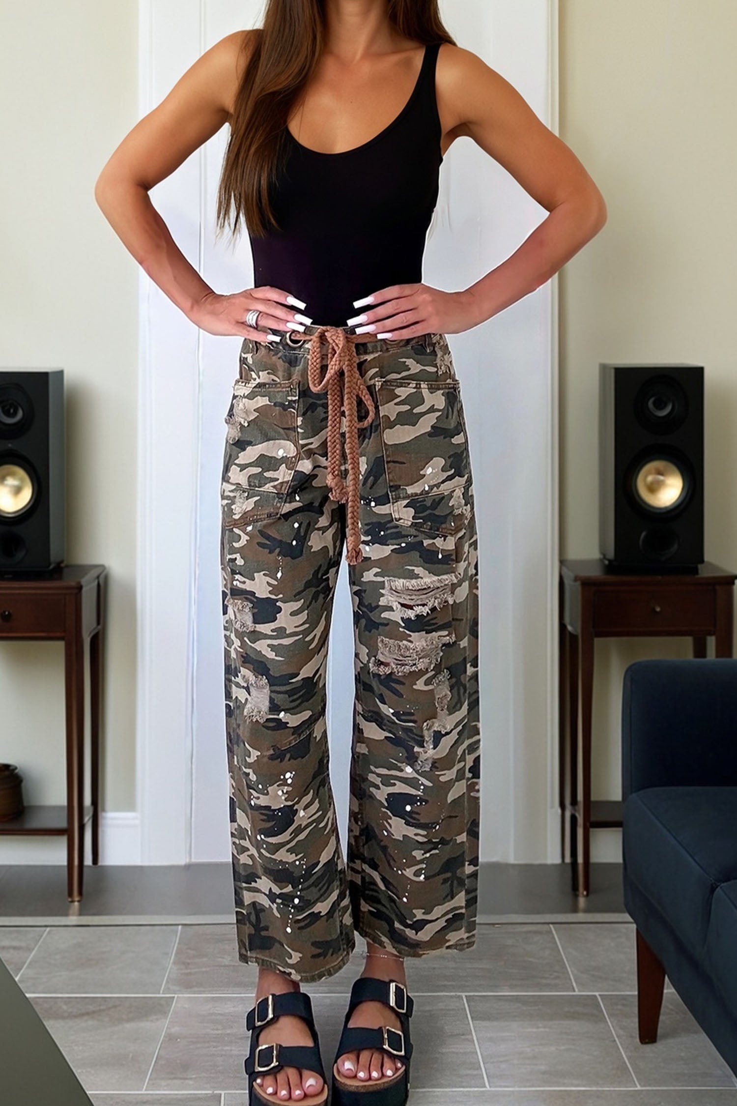 Camouflage Print Splashed Distressed Loose Denim Pants - eAura