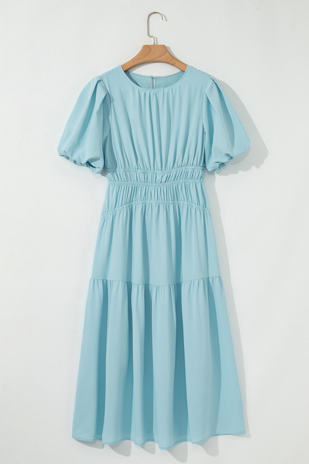 Puff Sleeve High Waist Flowy Chiffon Lined Midi Dress