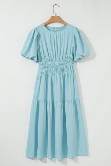 Puff Sleeve High Waist Flowy Chiffon Lined Midi Dress