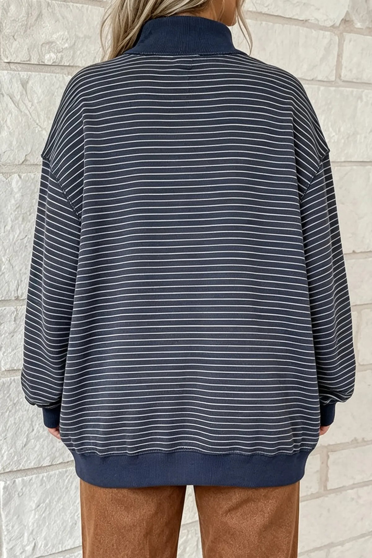 Oversized Sweatshirt with Mock Neck, Stripe Ribbed Colour Block