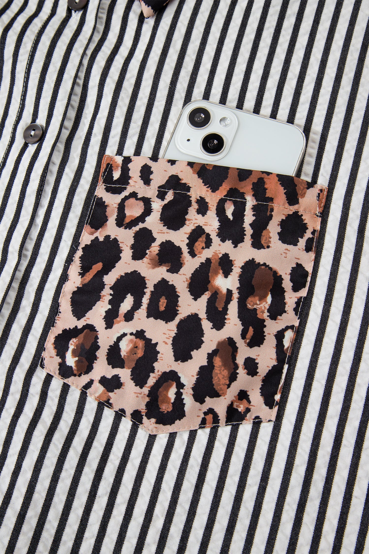 Striped Leopard Print Patchwork Button Up Shirt - eAura