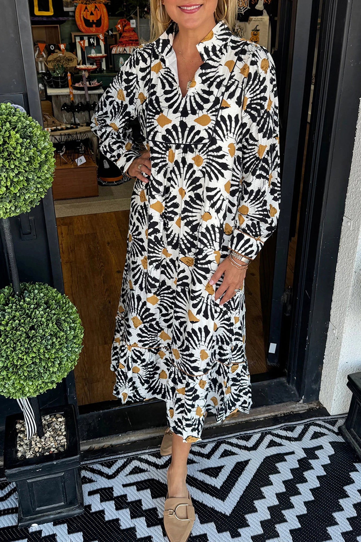 Abstract Floral Print Split V Neck Long Dress with Sleeves - eAura