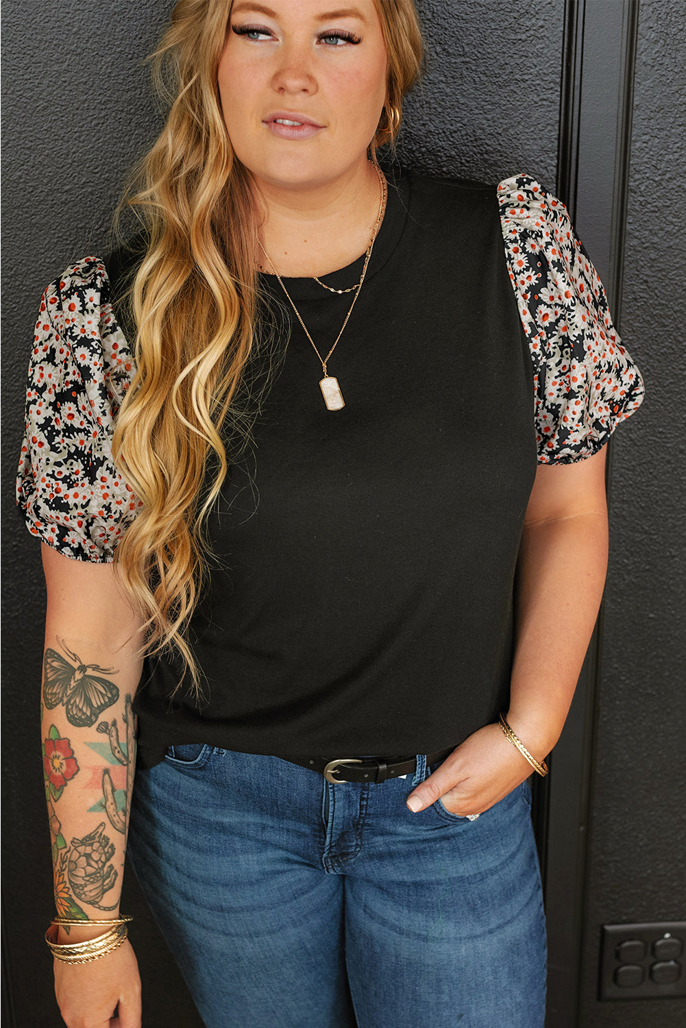 Black Daisy Printed Short Bubble Sleeve Plus Size Tunic Top BB Fashion Outlet