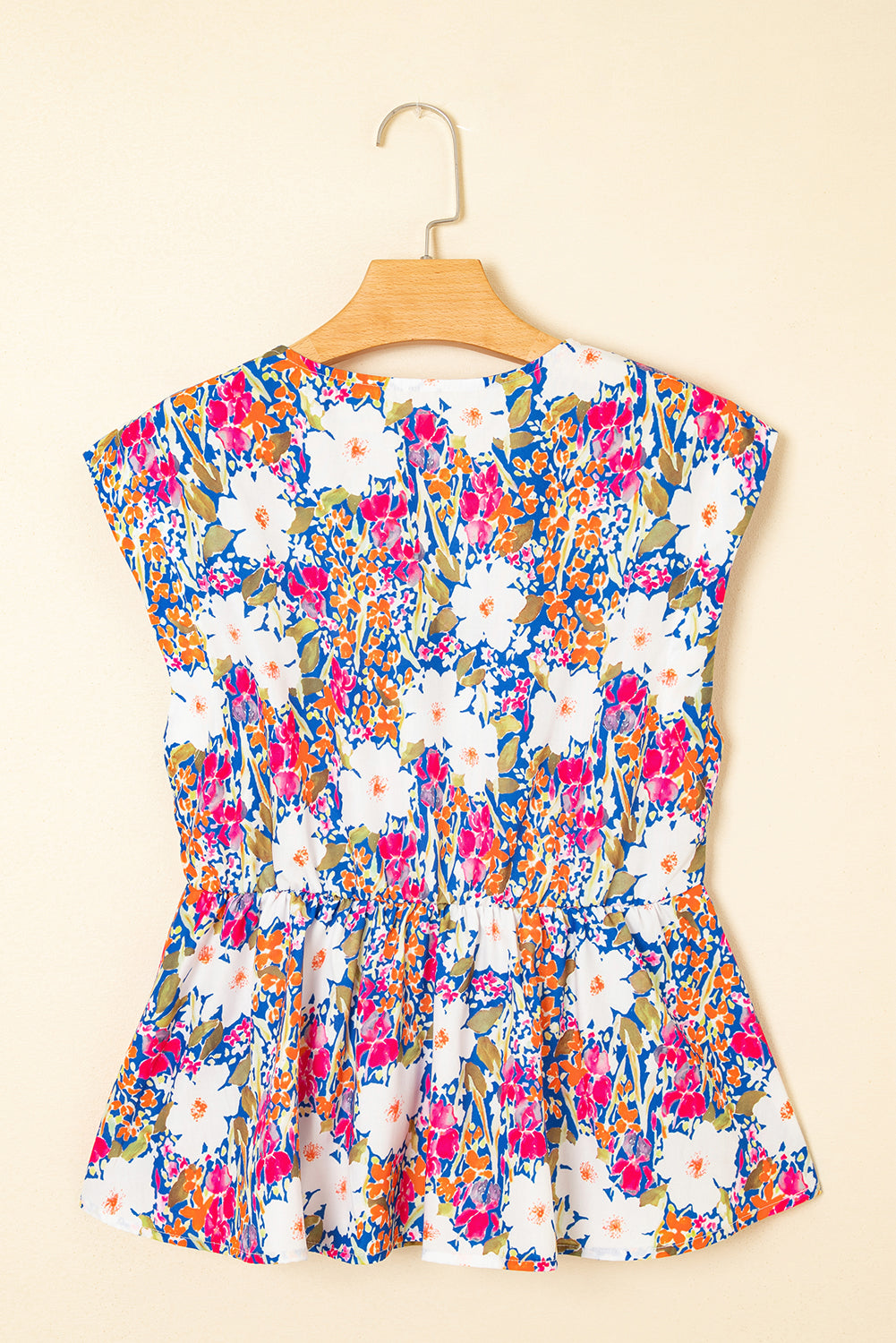 Rose Green Floral Print Bow Applique Slit Sleeveless Peplum Blouse eAura