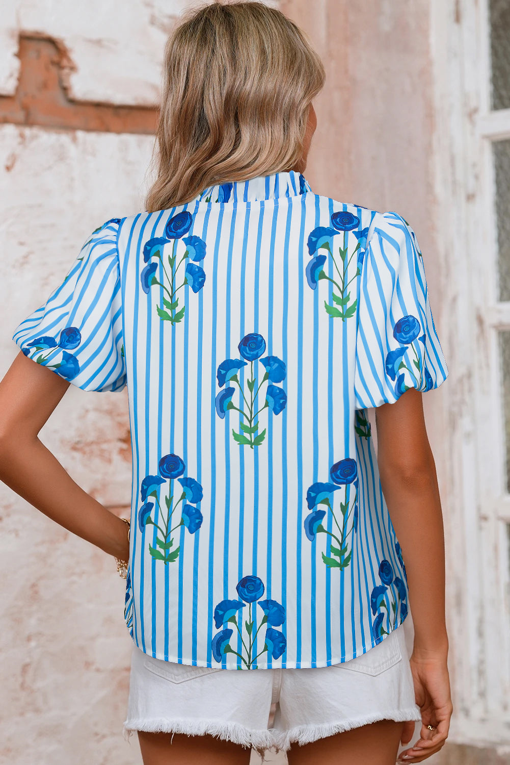 Sky Blue Stripe Floral Buttoned Frilly Notched Neck Puff Sleeve Summer Blouse eAura