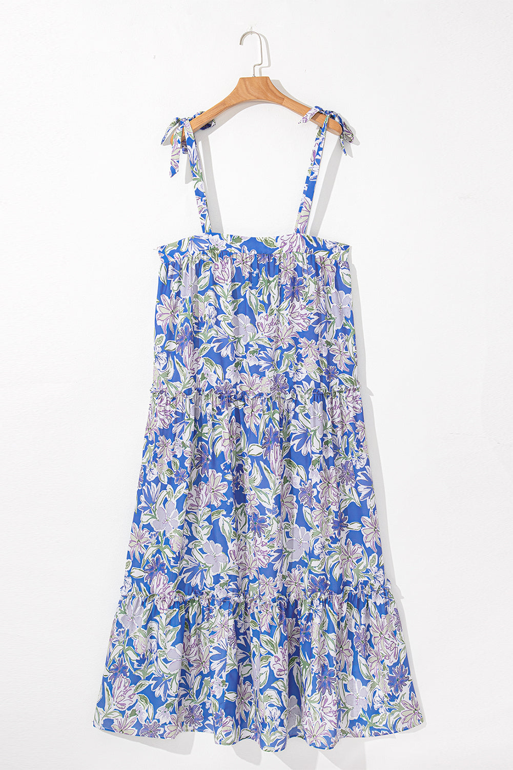 Sky Blue Floral Print Self-tie Straps Flowy Ruffle Long Dress eAura